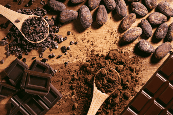 A range of cocoa beans, cocoa nibs, cocoa powder and chocolate bar pieces scattered on a wooden table.