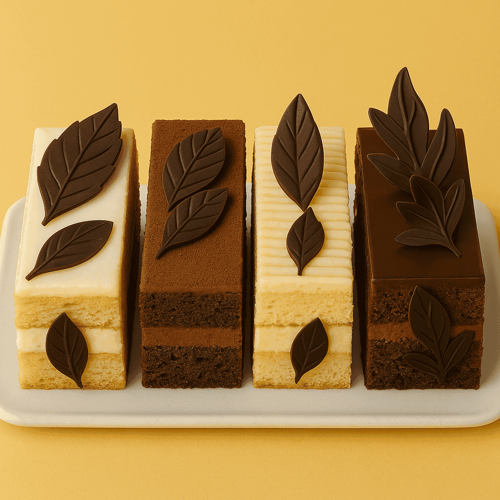 patisserie slices with chocolate leaves