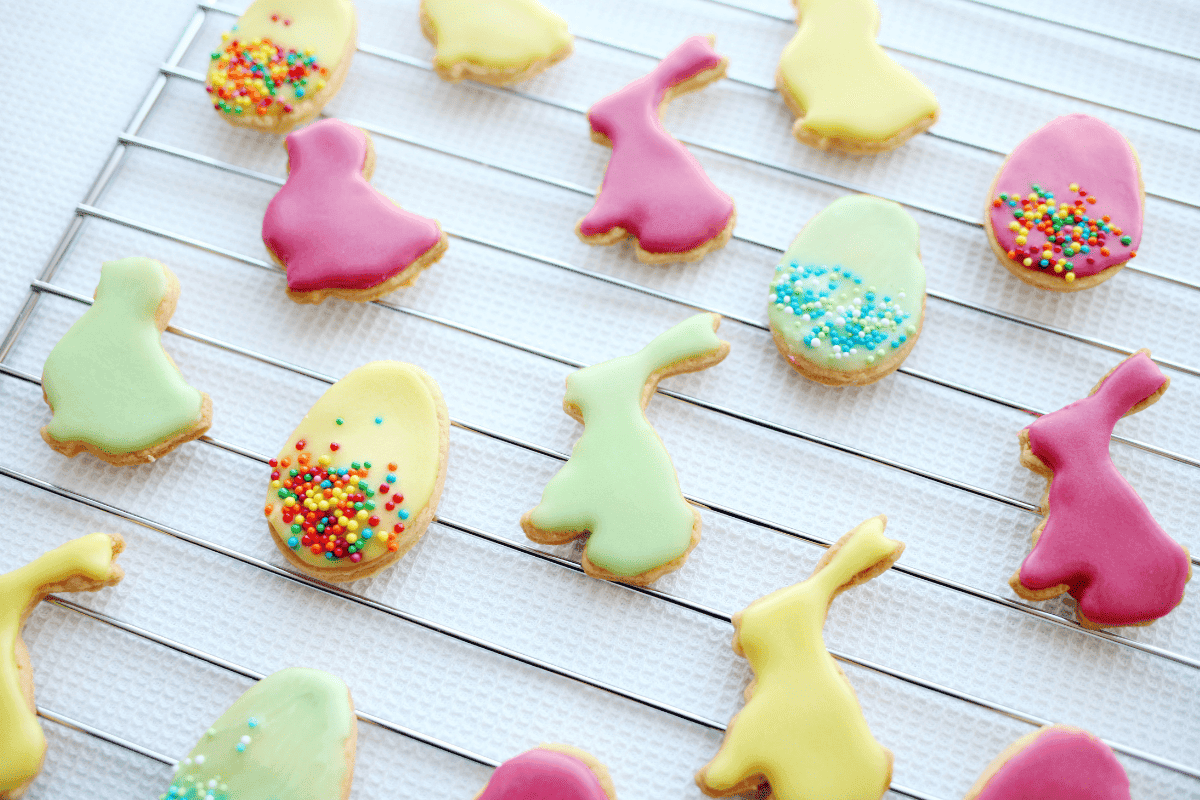 easter eggs and bunny cookies topped with sprinkles